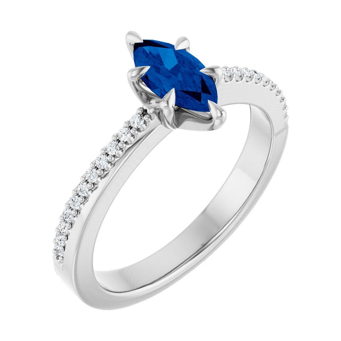 Marquise 1 ct Claw-Prong Pavé Natural Blue Sapphire Engagement Ring in 14K White Gold