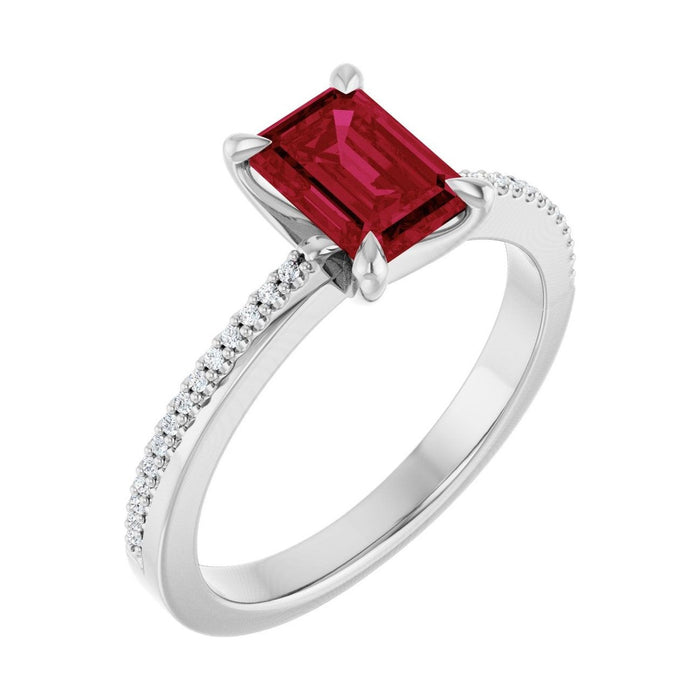 Emerald 1 ct Claw-Prong Pavé Natural Ruby Engagement Ring in 14K White Gold