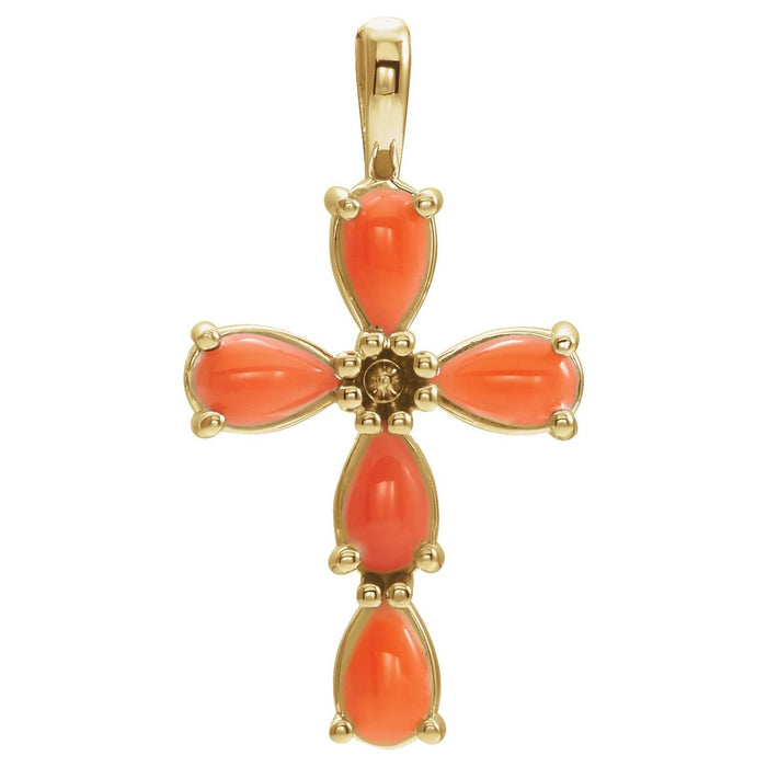 coral cross pendant in 14k Yellow Gold