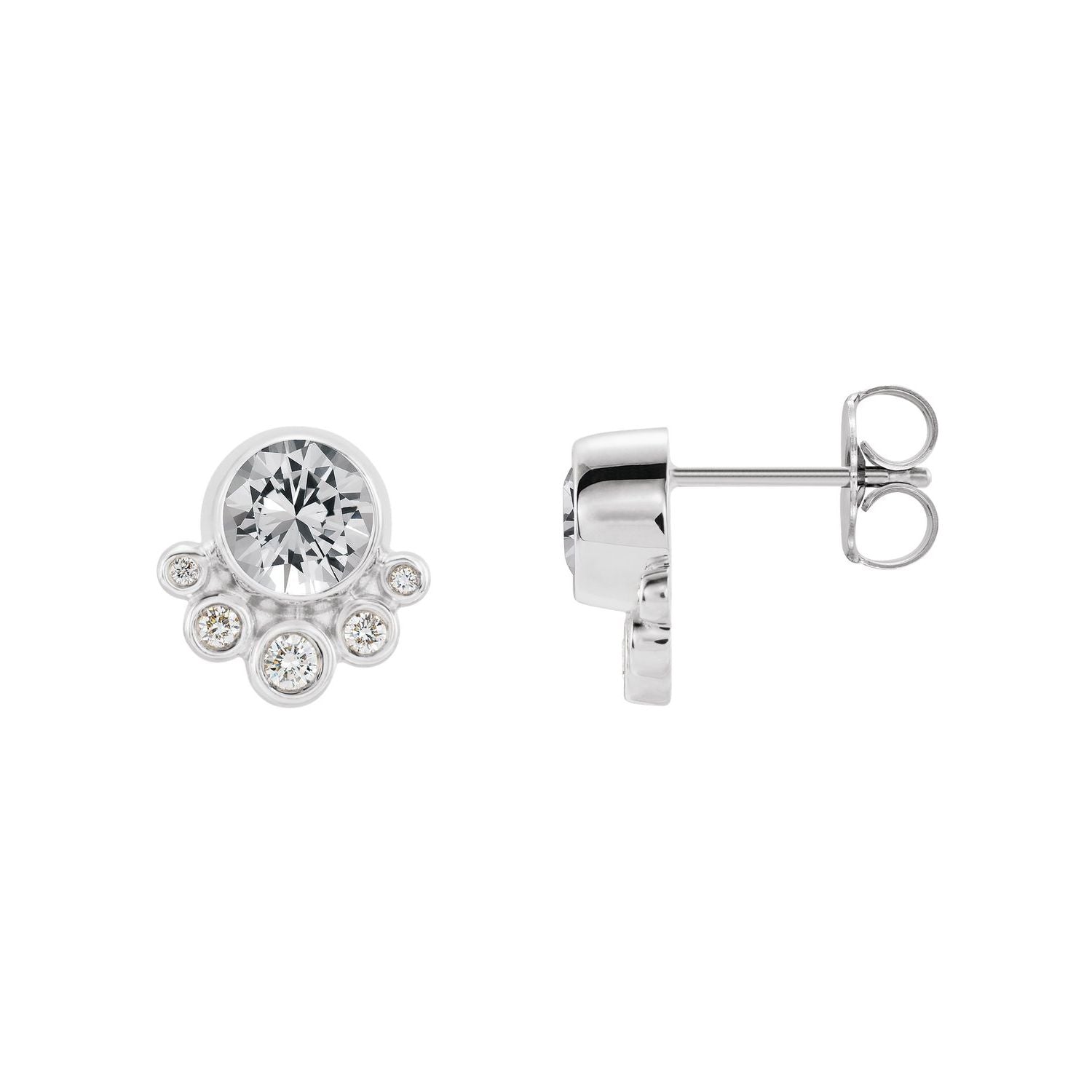 14K White Gold bezel-set 5 mm crescent-diamond white sapphire cluster stud earrings