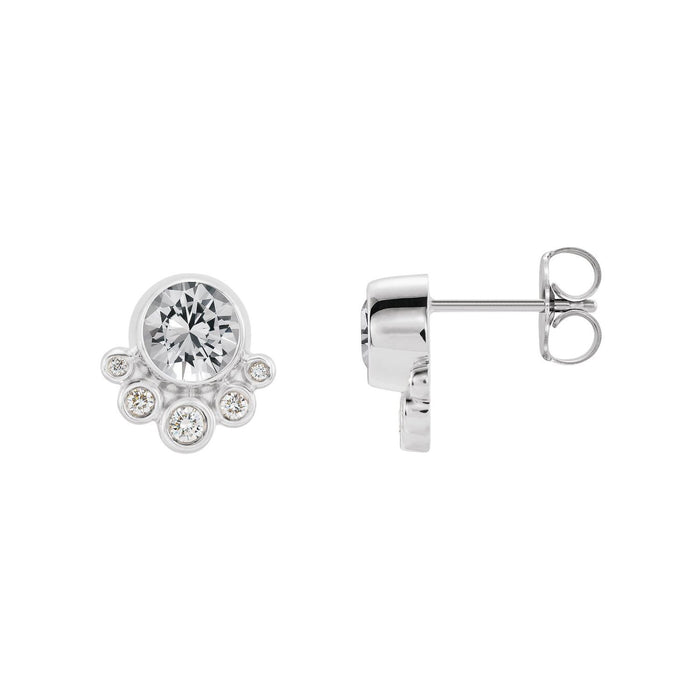 14K White Gold bezel-set 5 mm crescent-diamond white sapphire cluster stud earrings