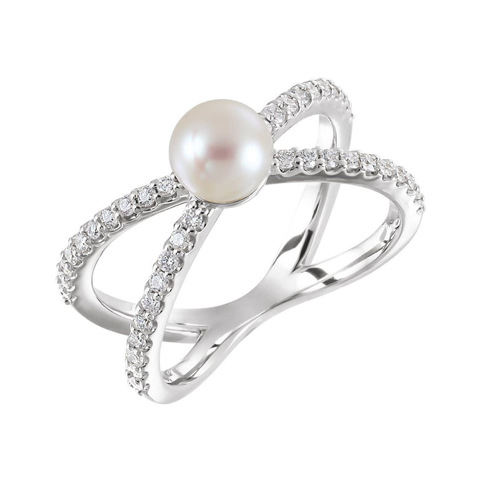 14K White Gold Crossover Pave Pearl Ring with a cultured freshwater pearl, natural diamond accents