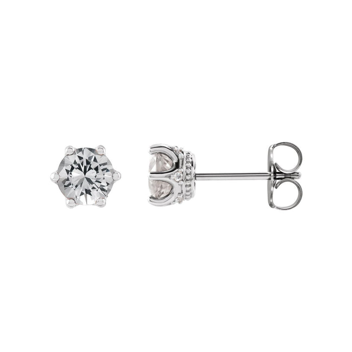 14K White Gold diamond-set crown gallery 4 mm white sapphire stud earrings