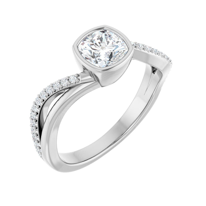Bezel Crossover Cushion Ring in 14K White Gold with a 1.00 ct cushion-cut diamond centre — Diamond & Sapphire cushion engagement ring