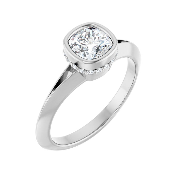 Bezel Cushion Solitaire with Hidden Halo in 14K White Gold with a 1.00 ct cushion-cut diamond centre — Diamond & Sapphire cushion engagement ring