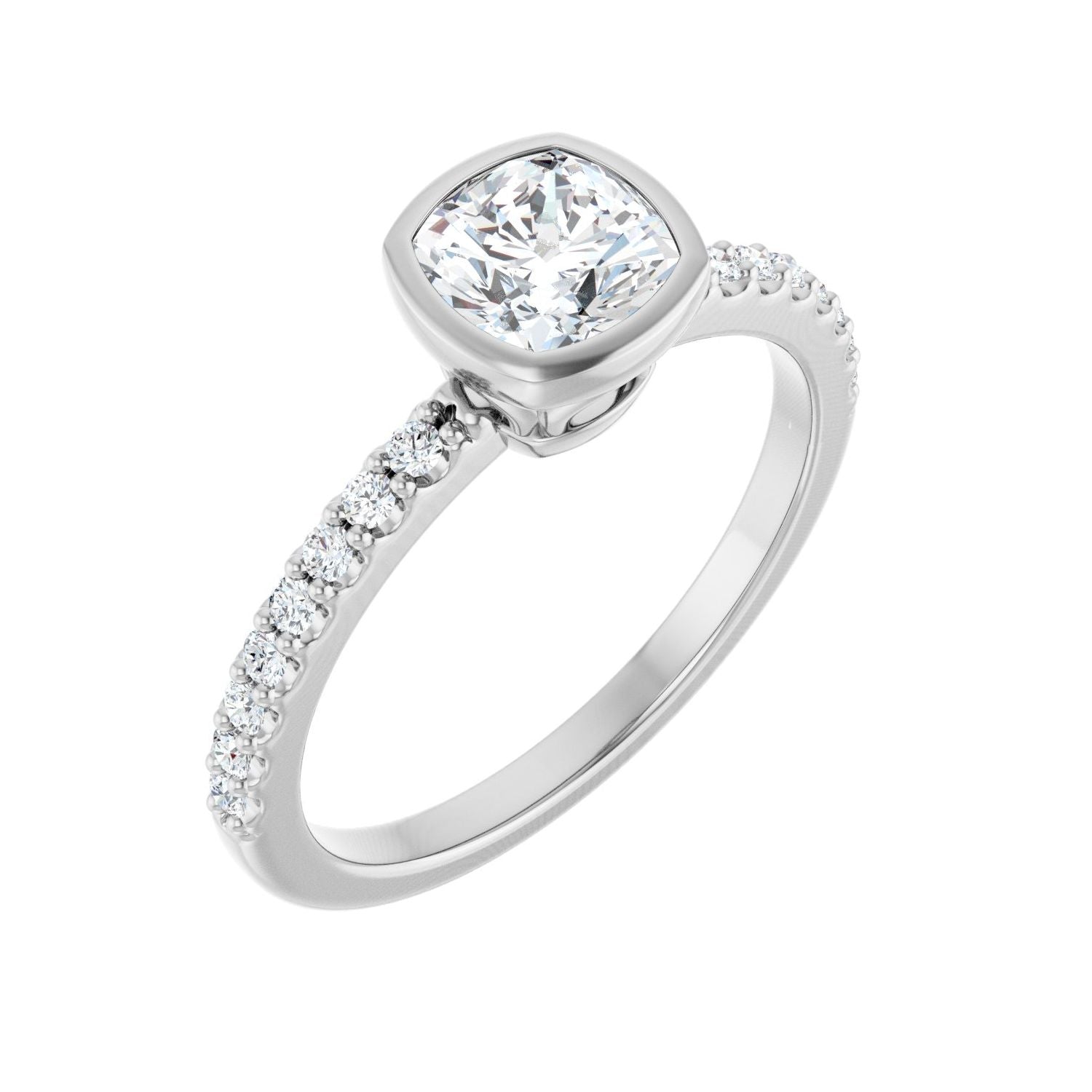 Bezel Cushion Ring with Pave Shank in 14K White Gold with a 1.00 ct cushion-cut diamond centre — Diamond & Sapphire cushion engagement ring