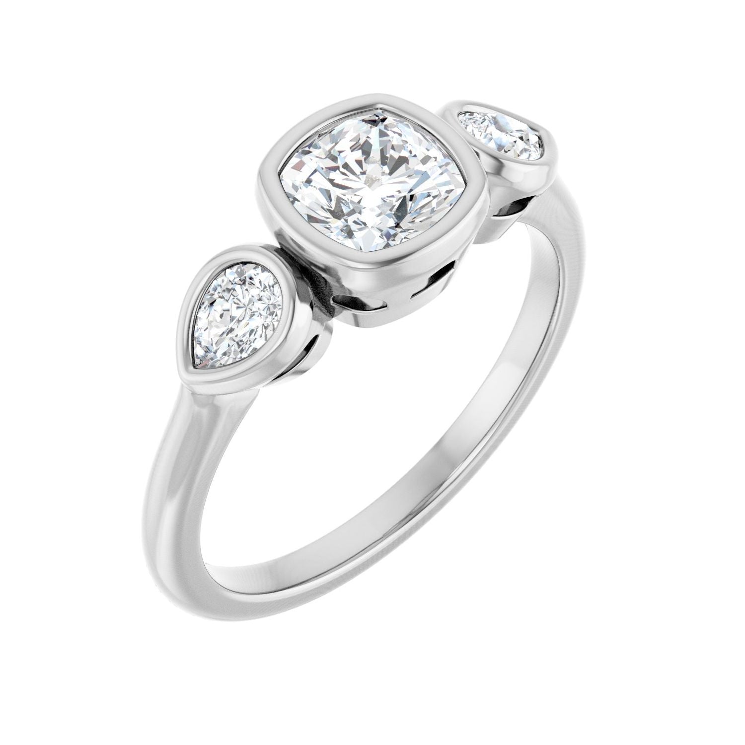 Bezel Three-Stone Cushion with Pear Sides in 14K White Gold with a 1.00 ct cushion-cut diamond centre — Diamond & Sapphire cushion engagement ring