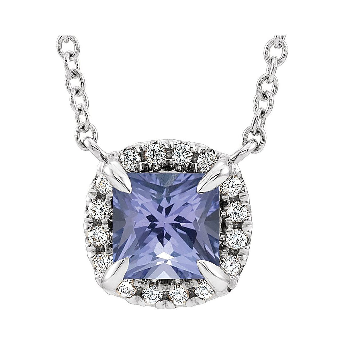 Cushion Diamond Halo Tanzanite Necklace in 14K White Gold