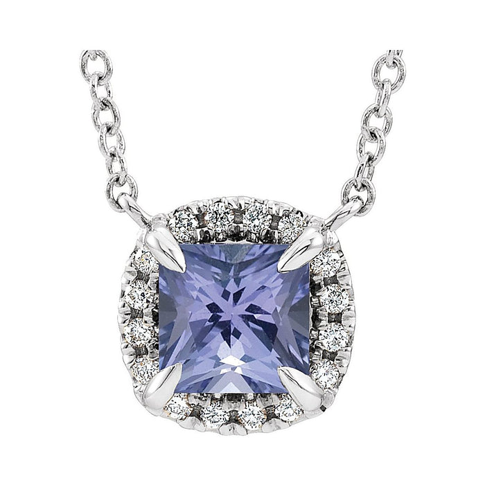 Cushion Diamond Halo Tanzanite Necklace in 14K White Gold