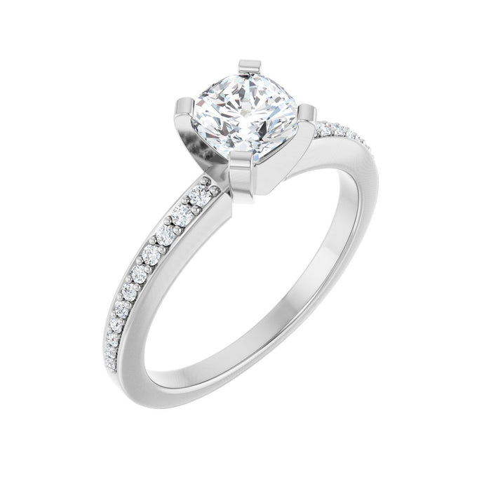 Elevated Pave Cushion Solitaire in 14K White Gold with a 1.00 ct cushion-cut diamond centre — Diamond & Sapphire cushion engagement ring