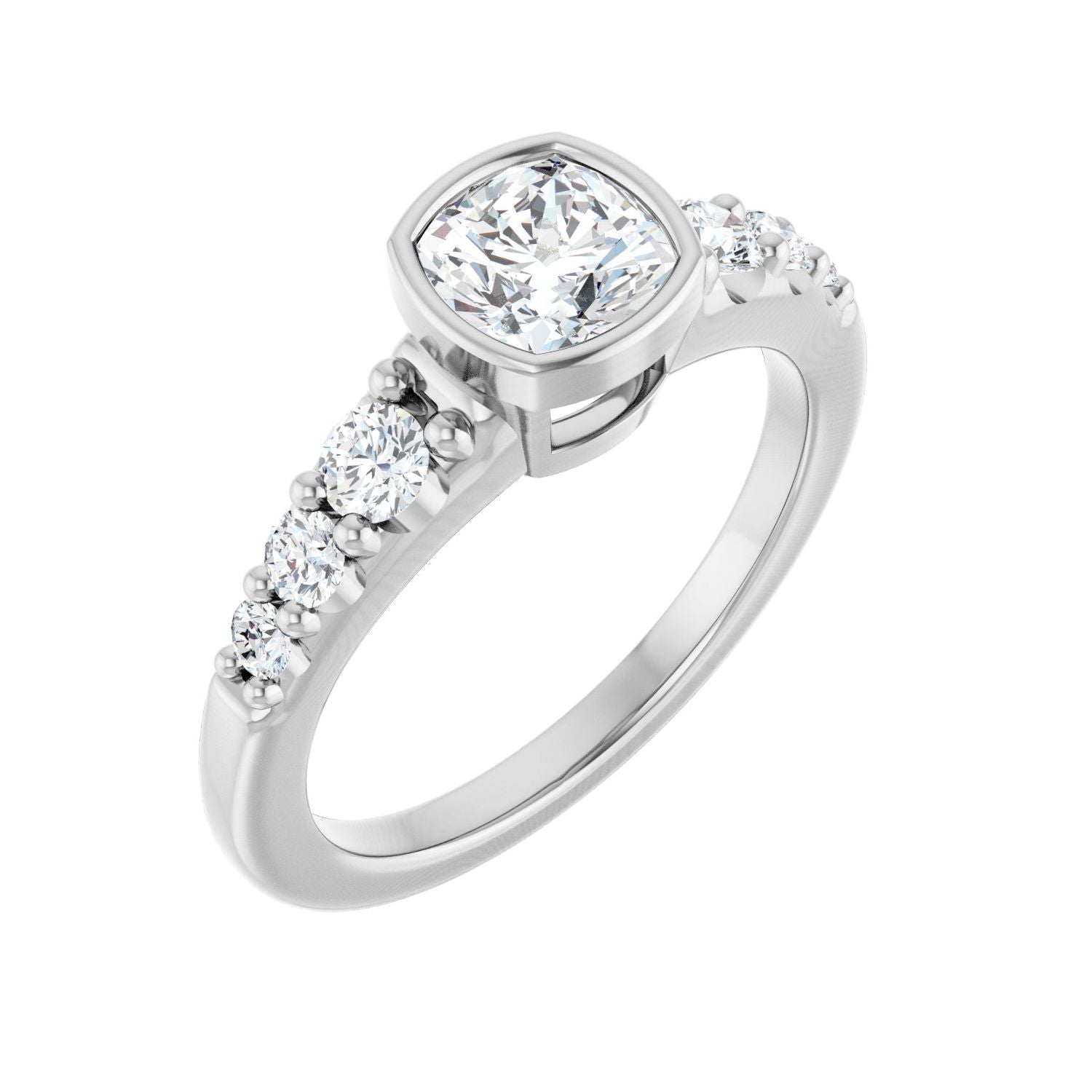 Graduated Bezel Cushion Ring in 14K White Gold with a 1.00 ct cushion-cut diamond centre — Diamond & Sapphire cushion engagement ring