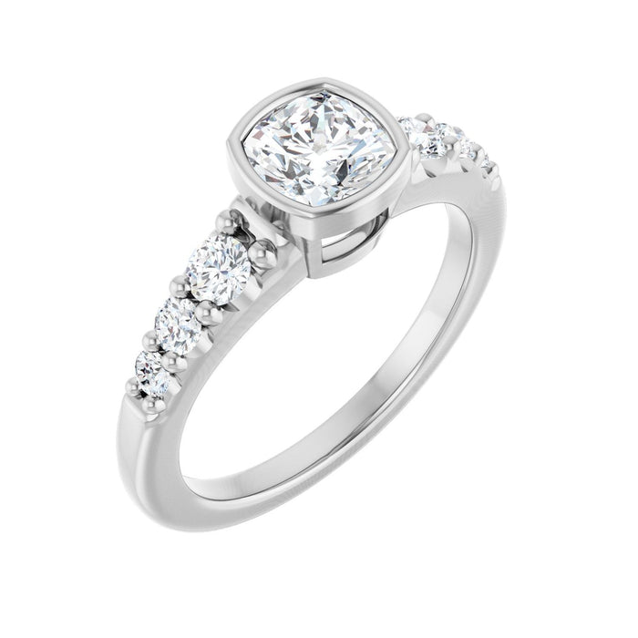 Graduated Bezel Cushion Ring in 14K White Gold with a 1.00 ct cushion-cut diamond centre — Diamond & Sapphire cushion engagement ring