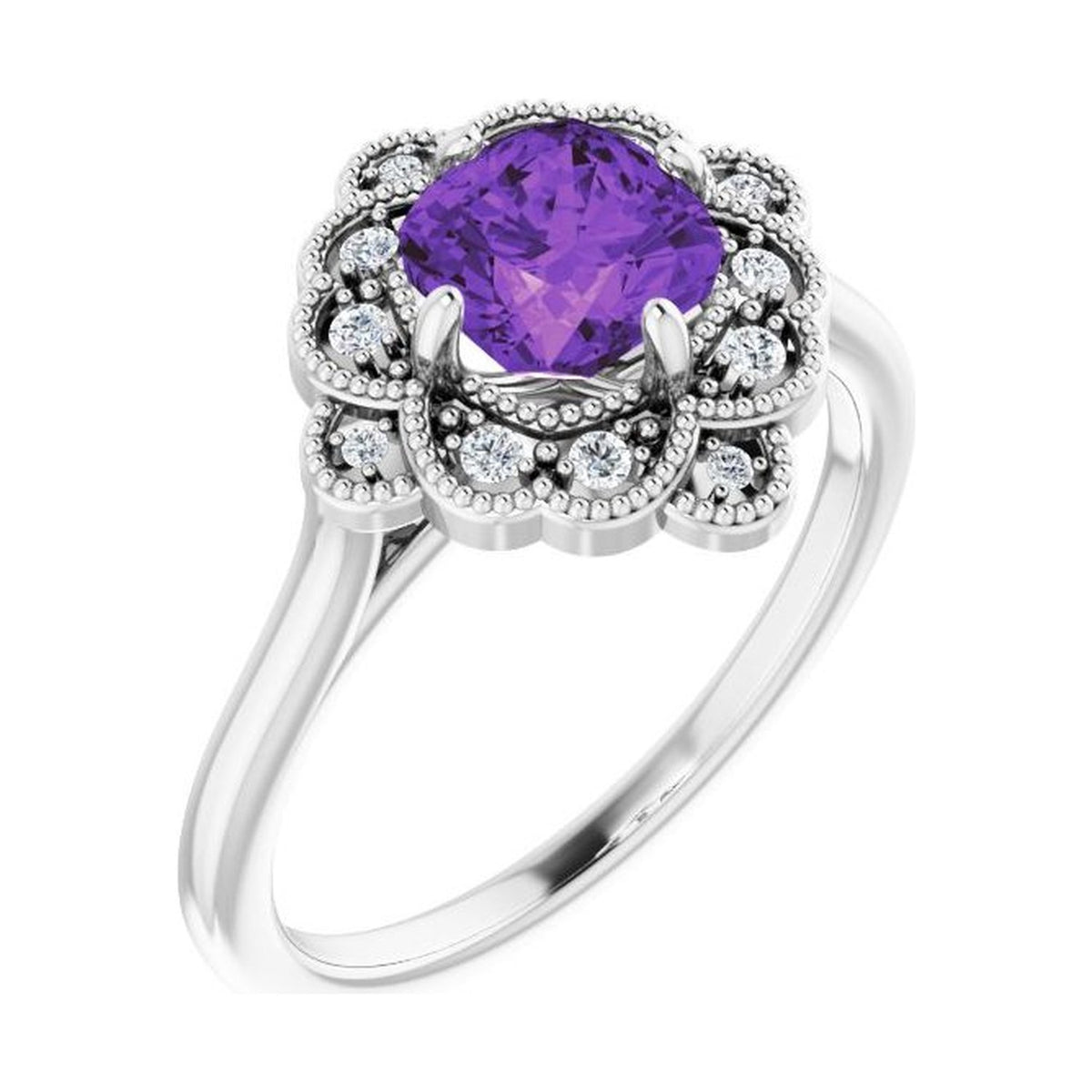 cushion halo-style birthstone ring amethyst white gold