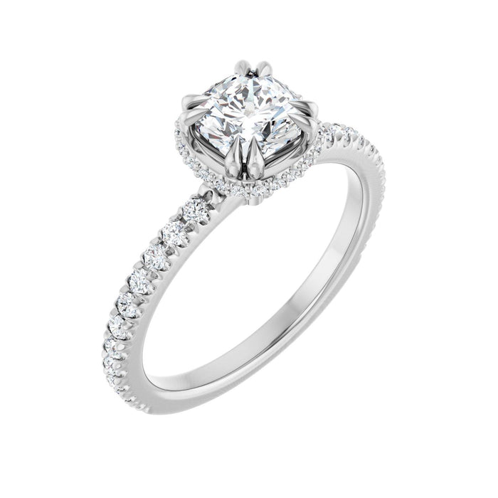 Hidden-Halo Pave Cathedral Cushion in 14K White Gold with a 1.00 ct cushion-cut diamond centre — Diamond & Sapphire cushion engagement ring