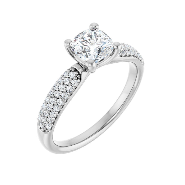 Knife-Edge Pave Cushion Ring in 14K White Gold with a 1.00 ct cushion-cut diamond centre — Diamond & Sapphire cushion engagement ring