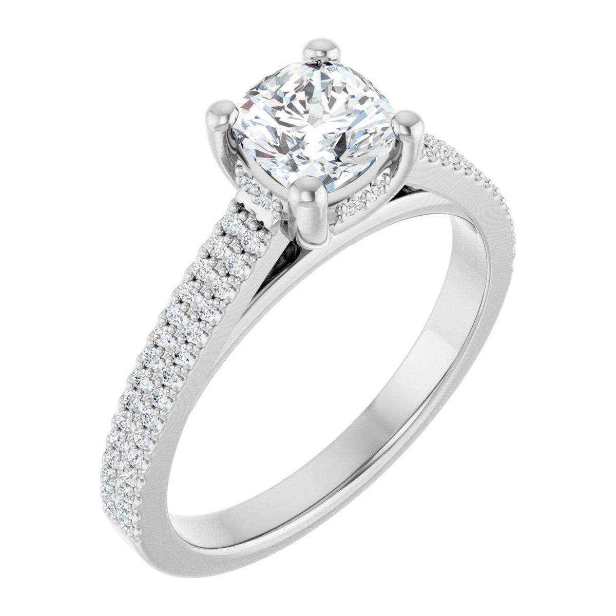 Cushion Lab-Grown Diamond Double-Row Pavé Cathedral engagement ring in 14K White Gold, shown with a 1.00 ct center