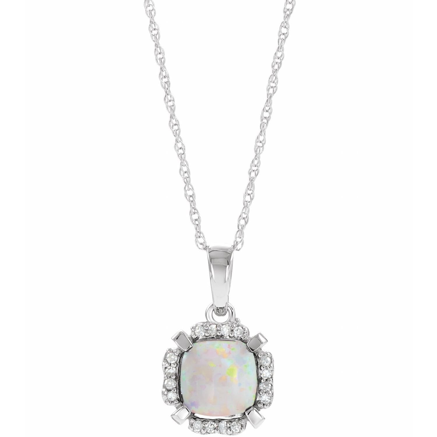 cushion lab-grown white opal necklace in 14k White Gold