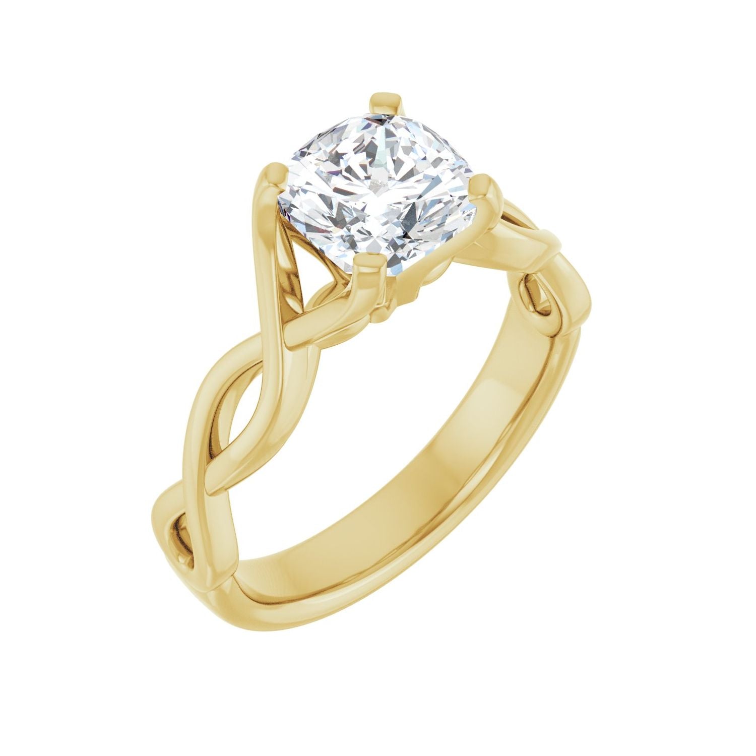 Cushion-cut moissanite rope solitaire engagement ring in yellow gold