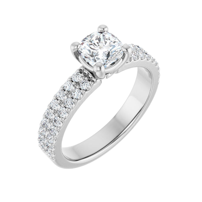 Multi-Row Pave Cushion Ring in 14K White Gold with a 1.00 ct cushion-cut diamond centre — Diamond & Sapphire cushion engagement ring