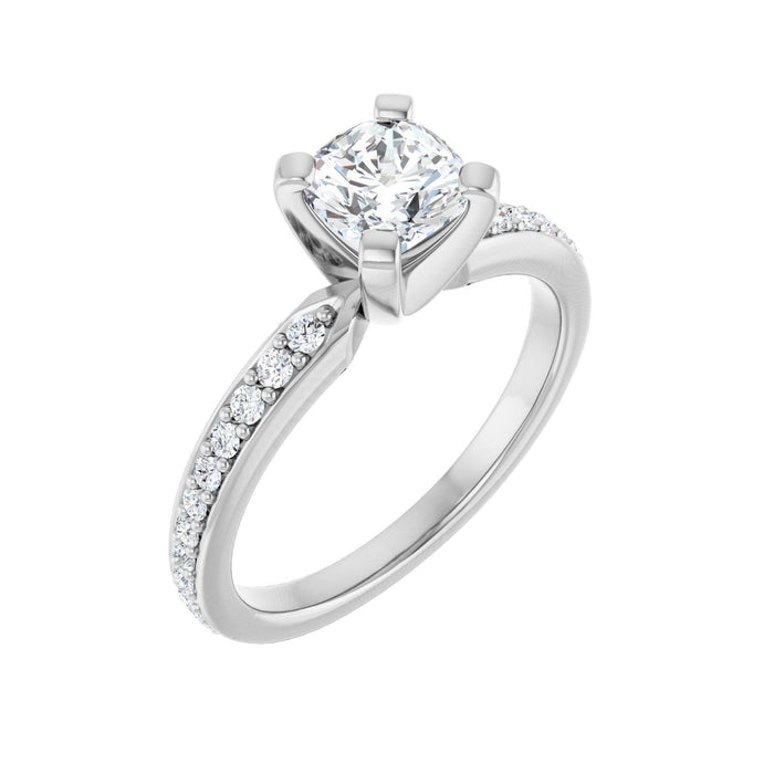 Open-Gallery Pave Cushion Ring in 14K White Gold with a 1.00 ct cushion-cut diamond centre — Diamond & Sapphire cushion engagement ring