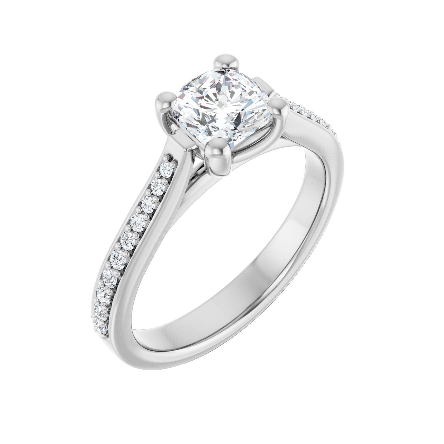 Pave Cathedral Cushion Ring in 14K White Gold with a 1.00 ct cushion-cut diamond centre — Diamond & Sapphire cushion engagement ring