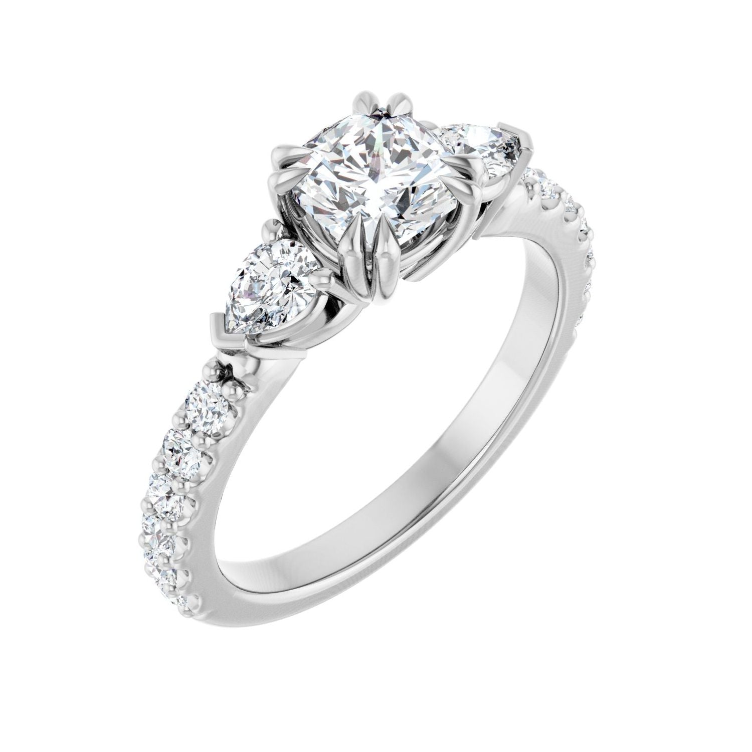 Pear-Accent Three-Stone Cushion Ring in 14K White Gold with a 1.00 ct cushion-cut diamond centre — Diamond & Sapphire cushion engagement ring