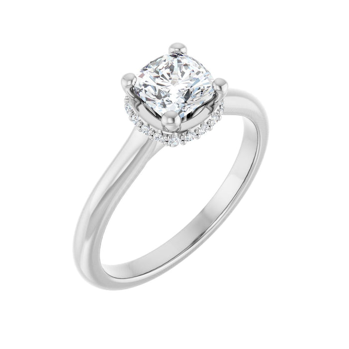 Petite Hidden-Halo Cushion Solitaire in 14K White Gold with a 1.00 ct cushion-cut diamond centre — Diamond & Sapphire cushion engagement ring