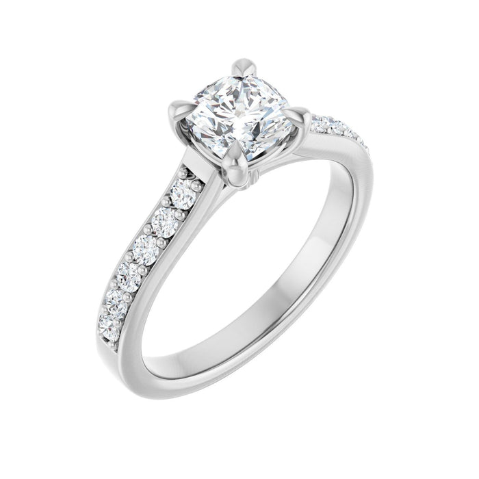 Petite Pave Cushion Solitaire in 14K White Gold with a 1.00 ct cushion-cut diamond centre — Diamond & Sapphire cushion engagement ring