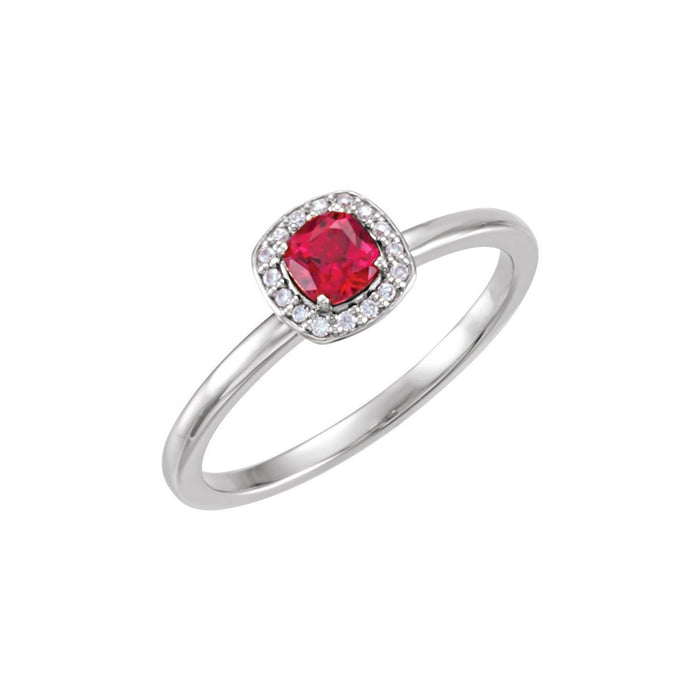 cushion ruby & diamond halo ring in 14k White Gold