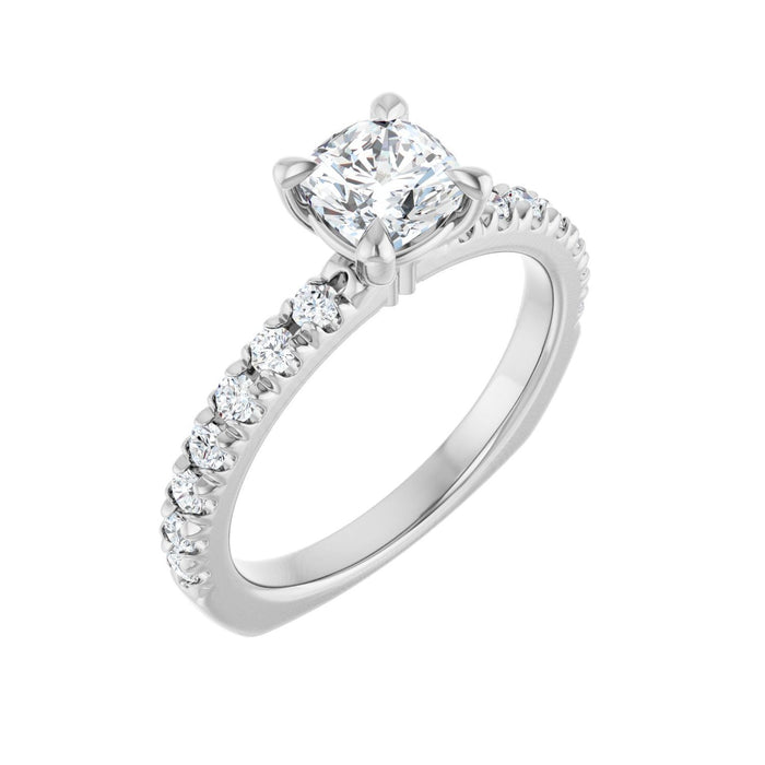 Slim Pave Cushion Solitaire in 14K White Gold with a 1.00 ct cushion-cut diamond centre — Diamond & Sapphire cushion engagement ring