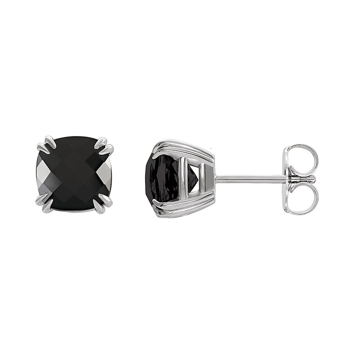 Cushion Black Onyx Stud Earrings in 14K White Gold
