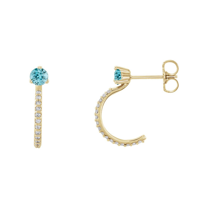14K Yellow Gold blue zircon round hoop earrings