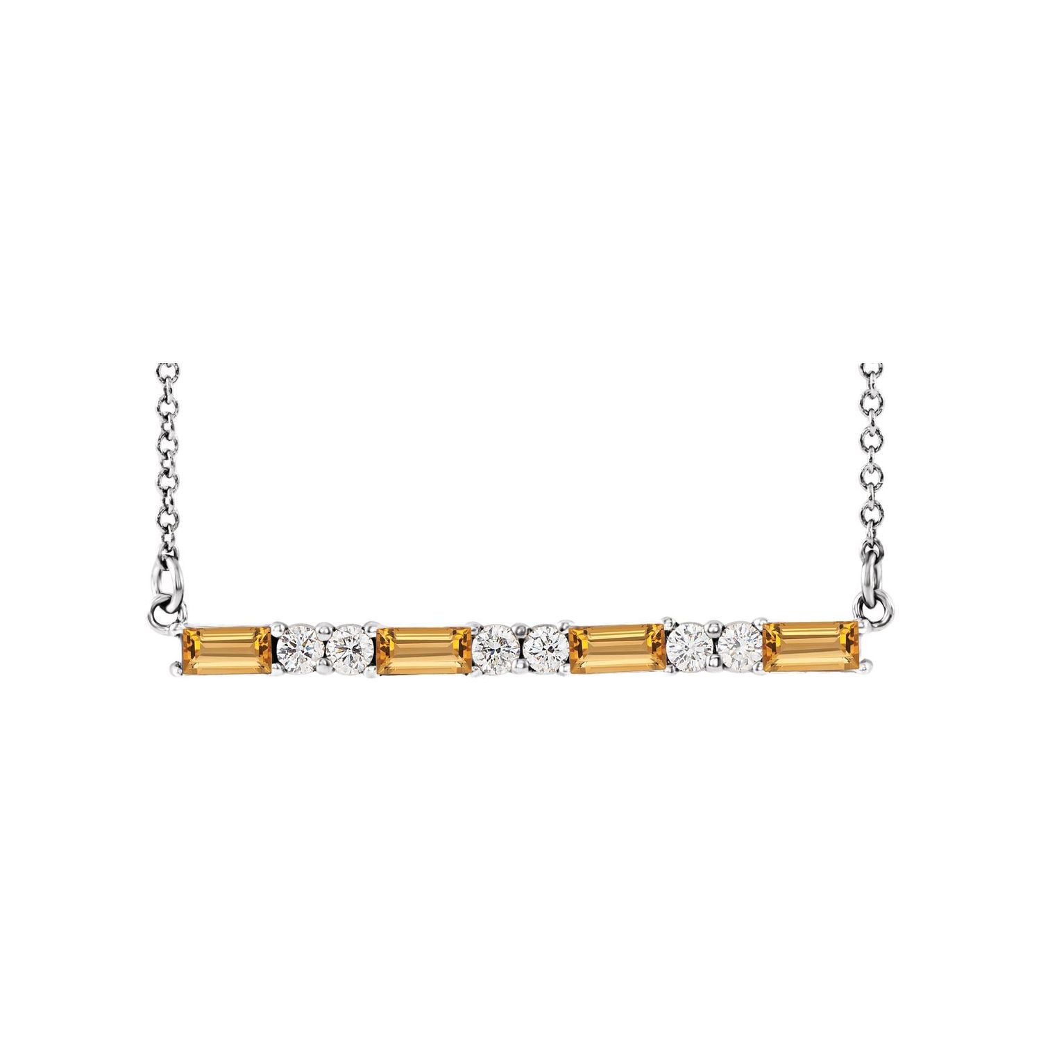 14K White Gold citrine baguette and diamond bar necklace