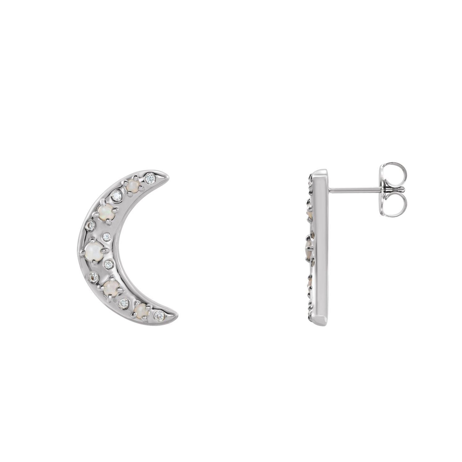 14K White Gold crescent moon Australian white opal and diamond earrings