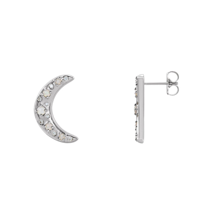 14K White Gold crescent moon Australian white opal and diamond earrings