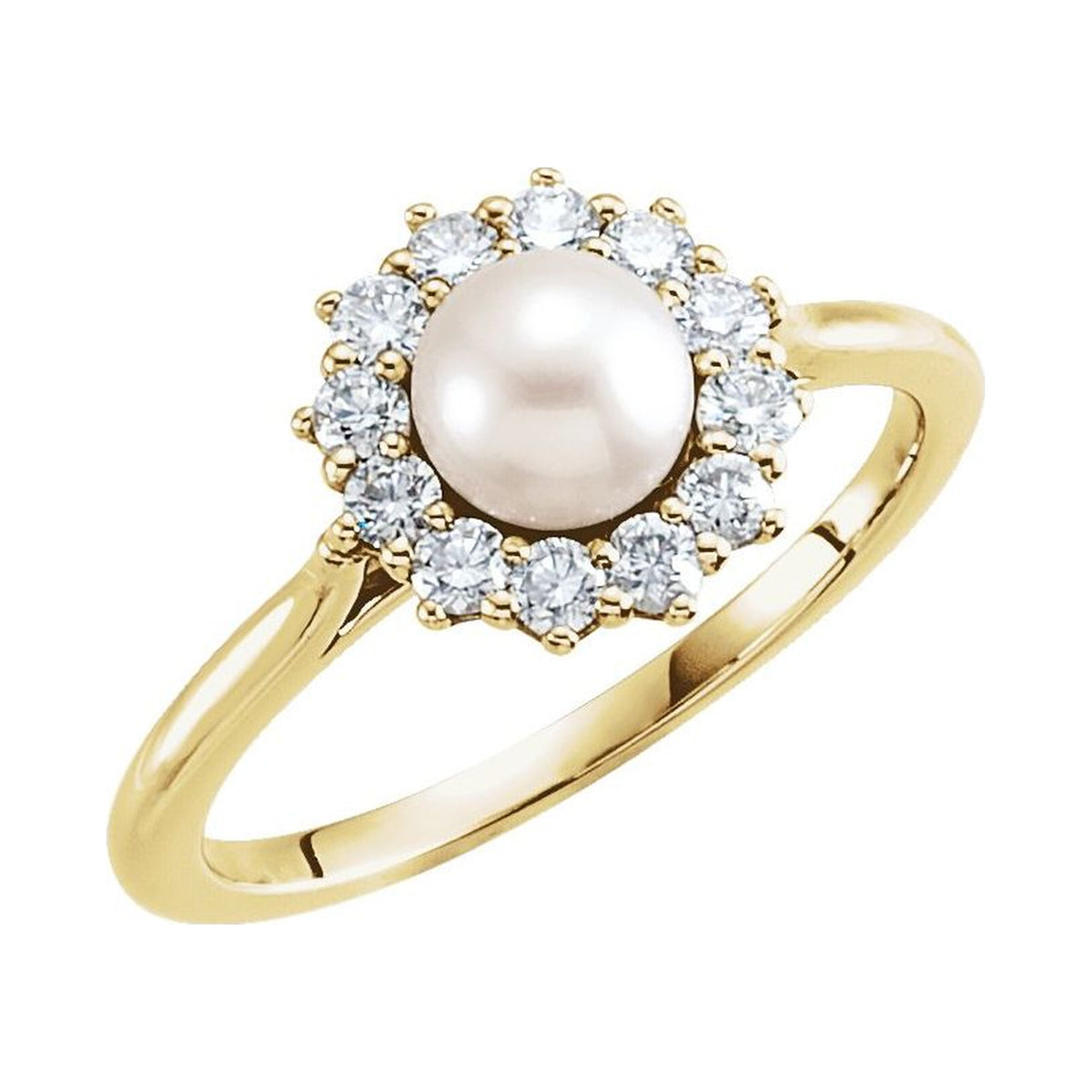 14K Yellow Gold Diamond Halo Pearl Ring with a cultured freshwater pearl, natural diamond accents
