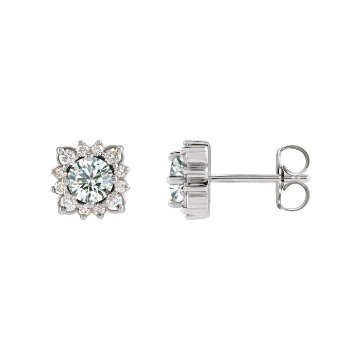 14K White Gold 6.9 mm full diamond halo 3 mm white sapphire stud earrings