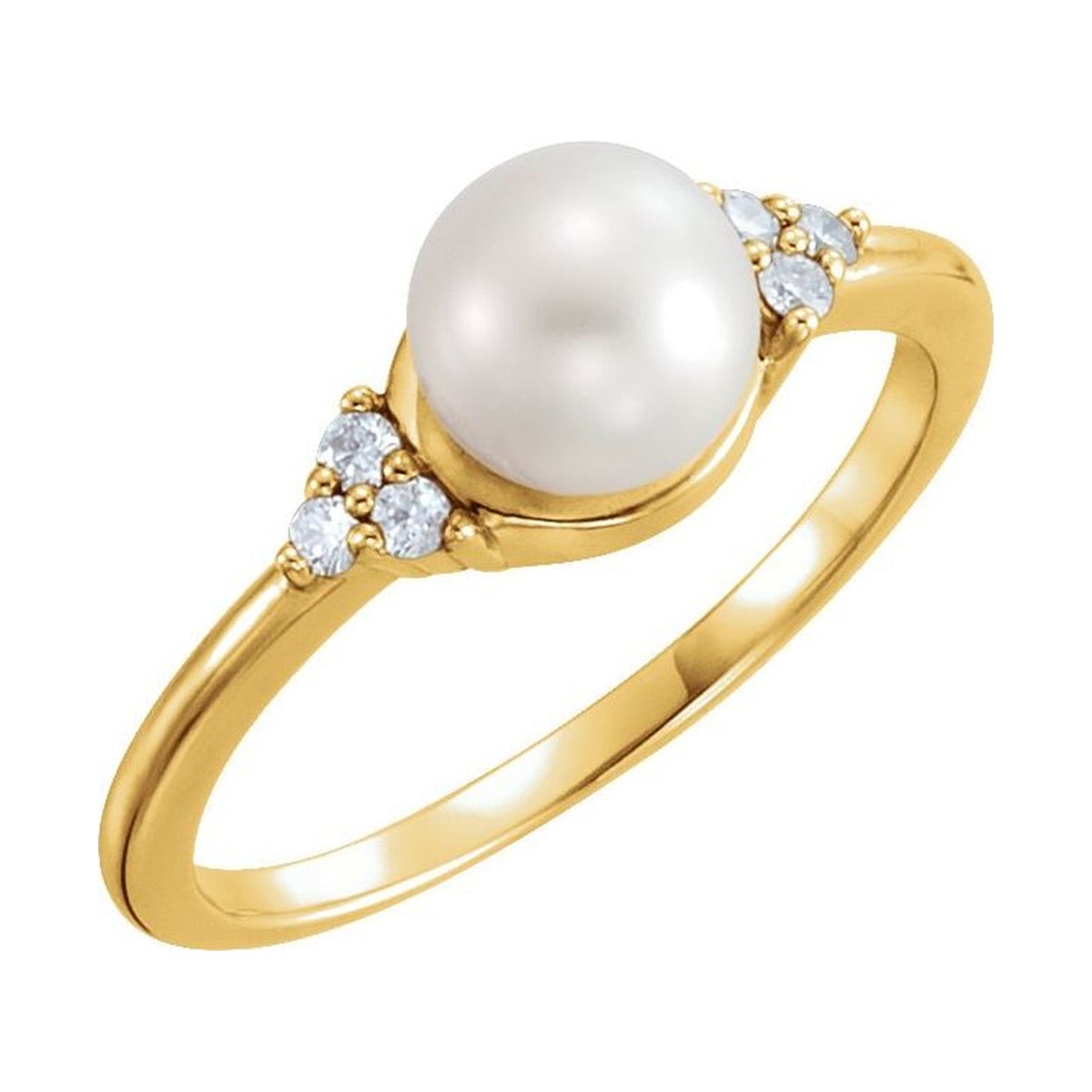 14K Yellow Gold Diamond Shoulder Pearl Ring with a cultured freshwater pearl, natural diamond accents