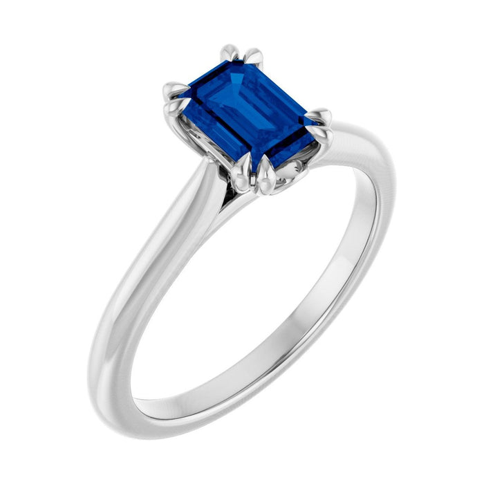 Emerald 1 ct Double Claw-Prong Solitaire Lab Grown Blue Sapphire Engagement Ring in 14K White Gold