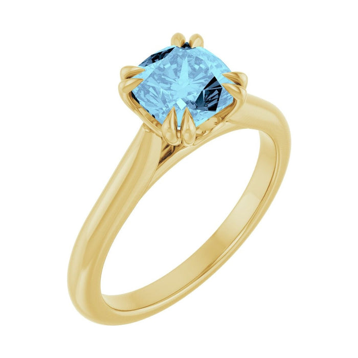 Cushion 1 ct Double Claw-Prong Solitaire Natural Aquamarine Engagement Ring in 14K Yellow Gold