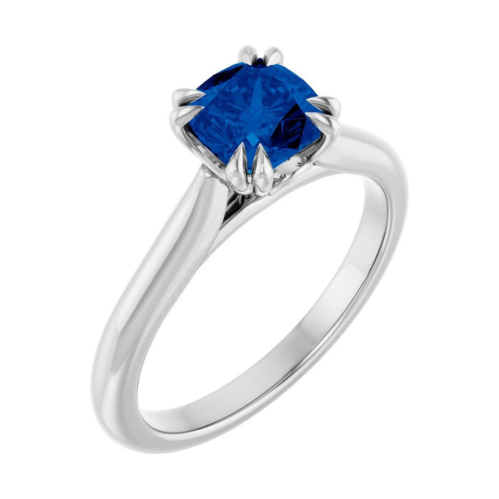 Cushion 1 ct Double Claw-Prong Solitaire Natural Blue Sapphire Engagement Ring in 14K White Gold