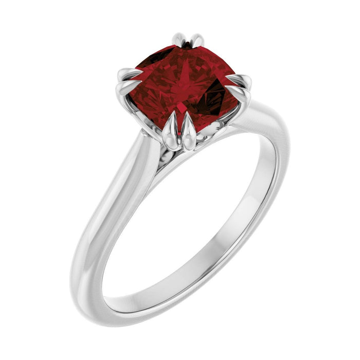 Cushion 1.5 ct Double Claw-Prong Solitaire Natural Garnet Engagement Ring in 14K White Gold