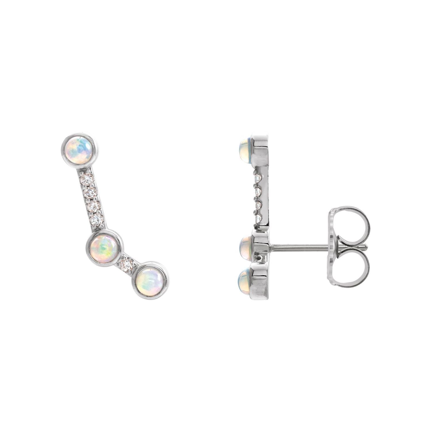 14K White Gold opal round ear climbers