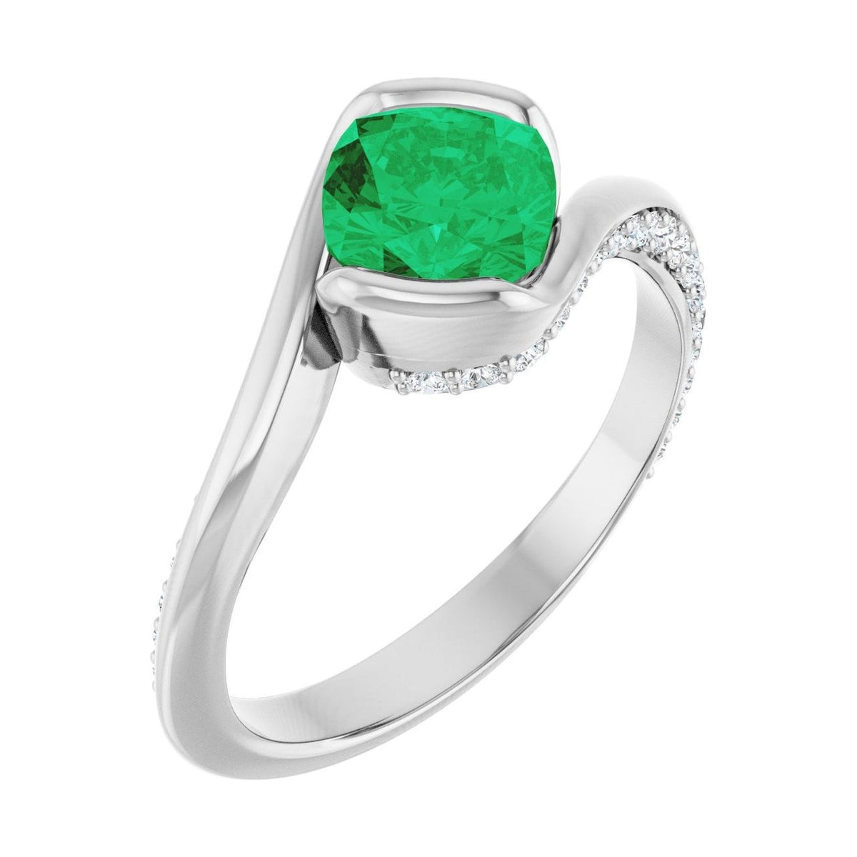 Cushion 1 ct emerald 14K White Gold half-bezel bypass engagement ring