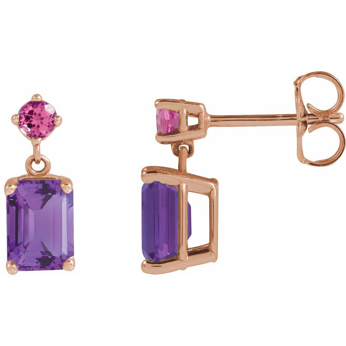 emerald-cut amethyst drop earrings in 14k Rose Gold