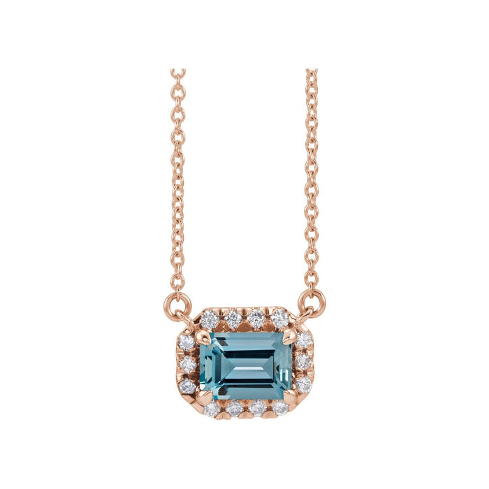 Emerald-Cut Aquamarine Necklace, Diamond Halo in 14K Rose Gold