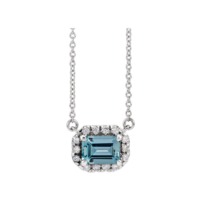 Emerald-Cut Aquamarine Pendant, Diamond Halo in 14K White Gold
