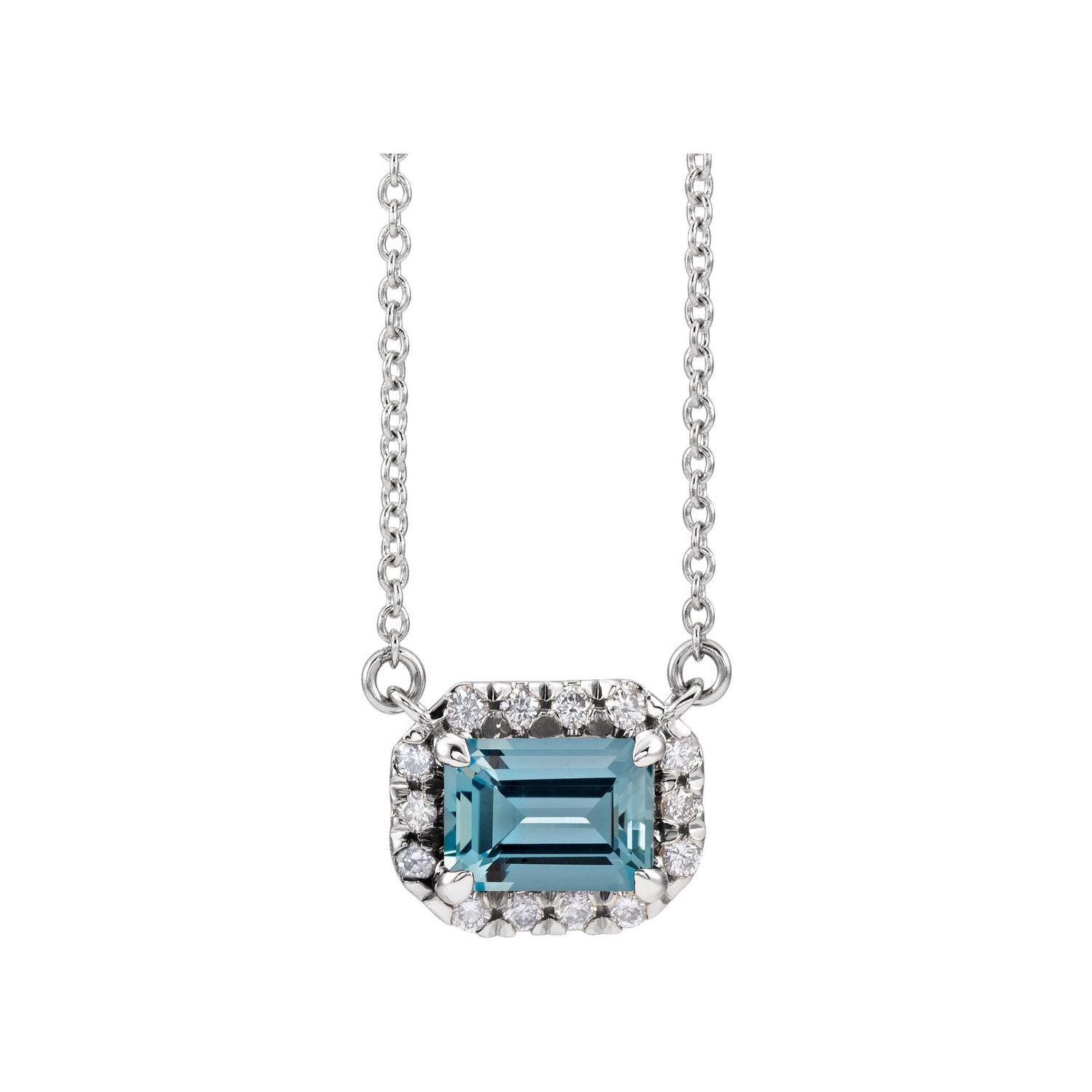 Emerald-Cut Aquamarine and Diamond Halo Necklace in 14K White Gold on a 16 or 18 inch gold cable chain