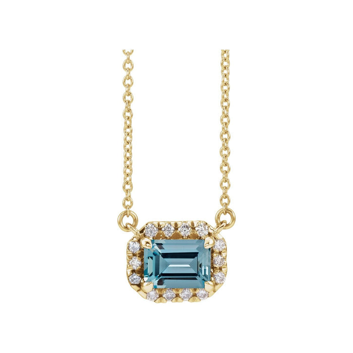 Emerald-Cut Aquamarine Necklace, Diamond Halo in 14K Yellow Gold