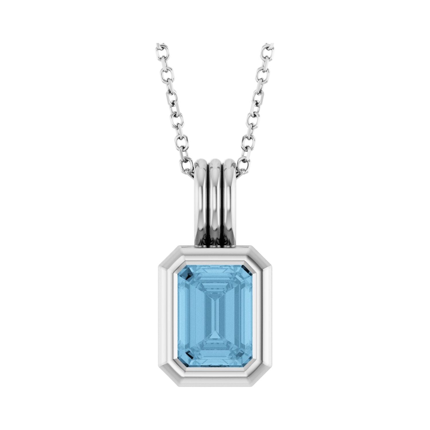 14K White Gold emerald-cut london blue topaz necklace, bezel-set with a ribbed bail